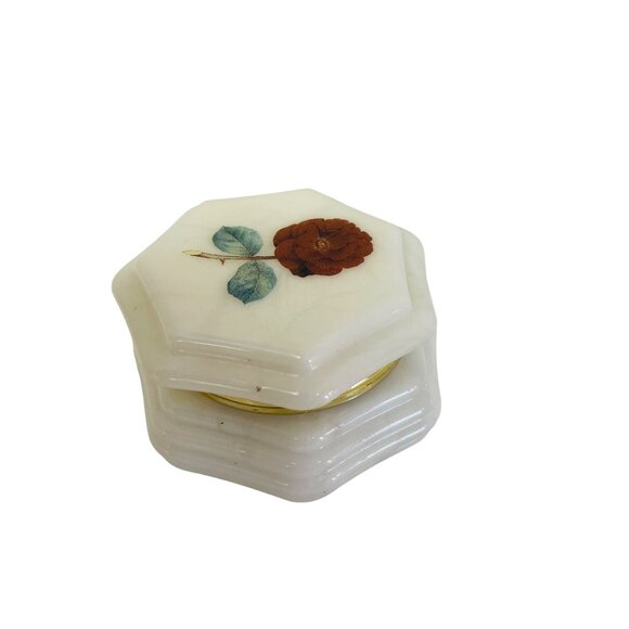 Vintage Genuine Alabaster Trinket Box With Floral Design Made In Italy - Picture 7 of 9